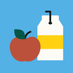 学校餐的图片，有牛奶盒或果汁盒和一个红苹果